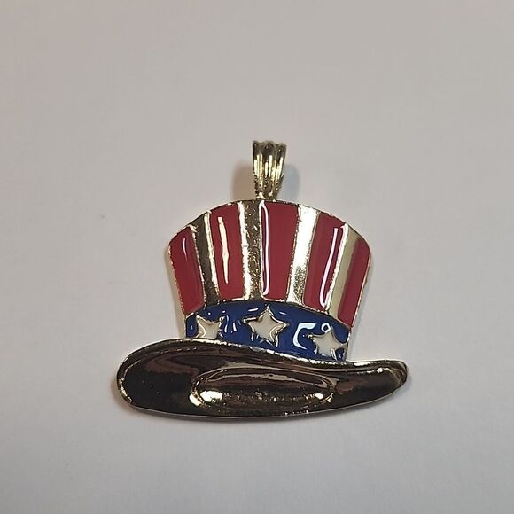 BG Gold Tone Enameled Uncle Sam Stars And Stripes Hat Pendant Red White Blue 1” - Picture 1 of 2